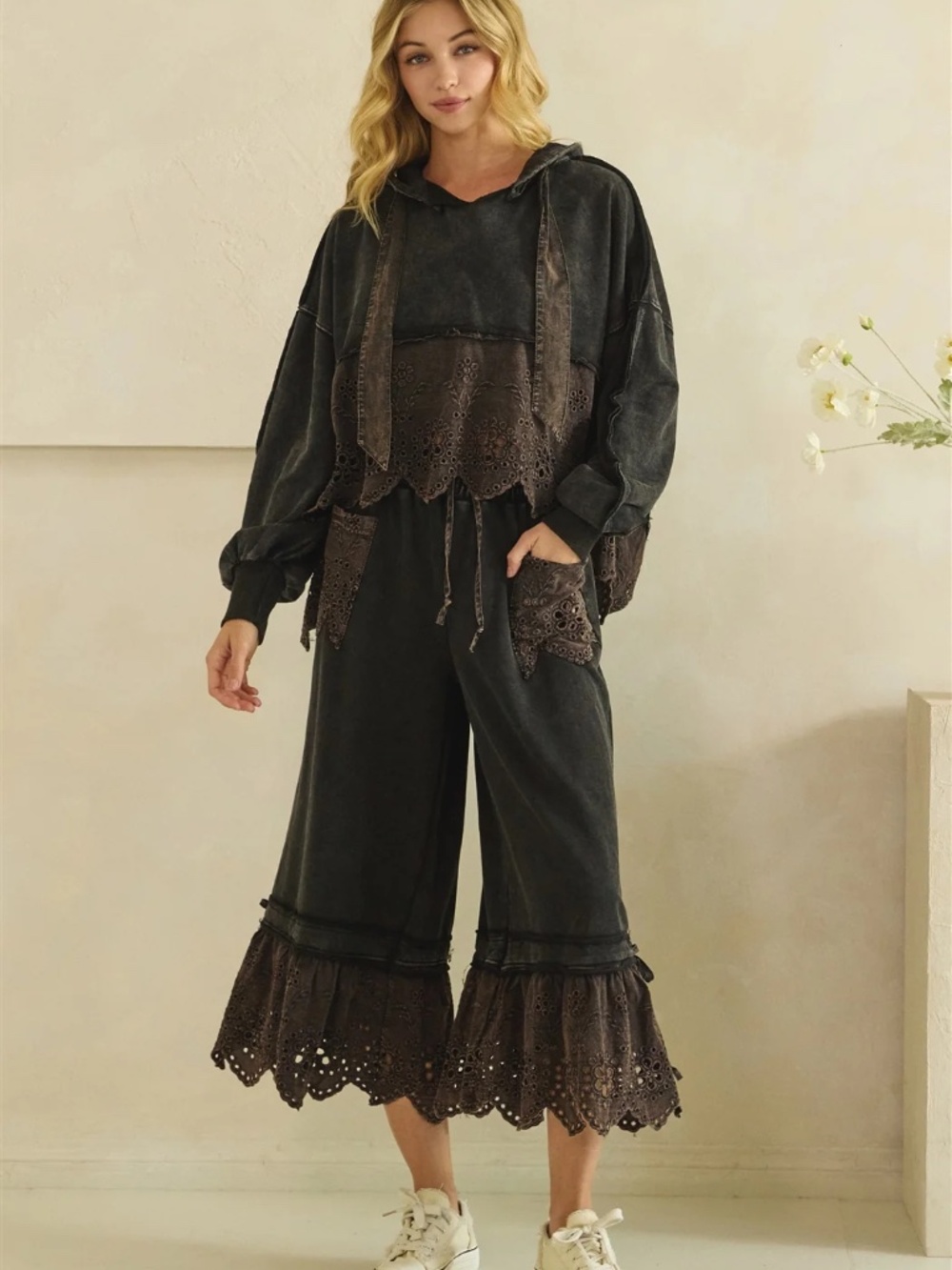 Oli & Hali Mineral Wash Black Eyelet Detail Wide Leg Cropped Pants